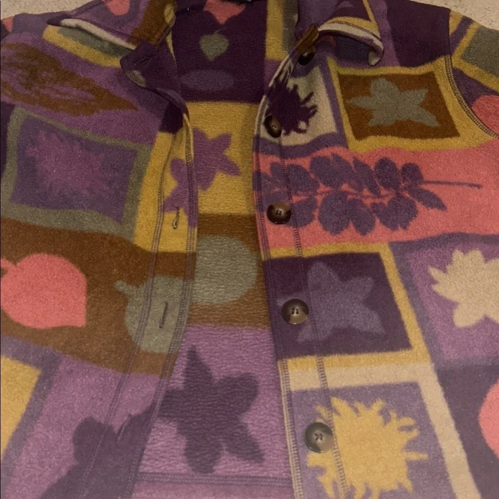 Colorful Patchwork Art Fleece button Jacket funky groovy nature leaves stars - Picture 4 of 5